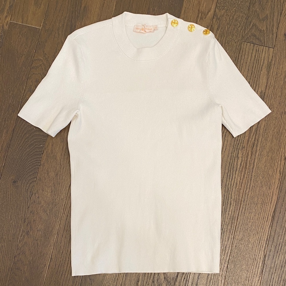 Tory Burch ribbed short sleeves top with Gold Button - Picture 3 of 7
